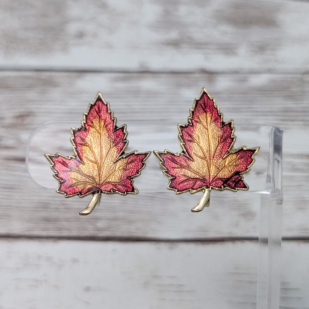 Vintage Screw On Earrings - Statement Fall Leaf Large 1 & 1/8" Autumn
